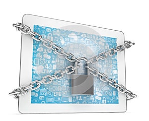 Tablet PC with chains and lock isolated on white