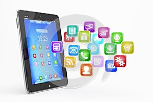 Tablet PC with cloud of application icons