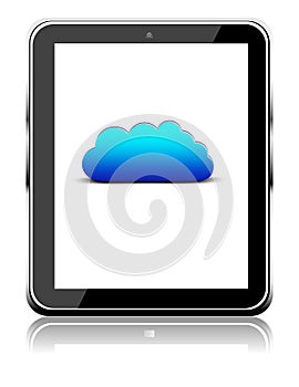 Tablet PC with cloud computing symbol on a screen. Isolated on a white