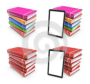 Tablet pc e-book set upon a book stack isolated on white background