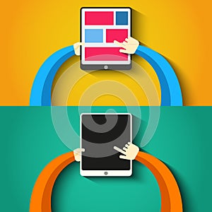 Tablet PC in hands. Flat style vector illustration