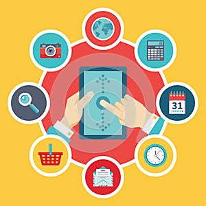 Tablet PC with Hands & Vector Icons - Flat Design Style