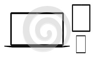 A tablet PC, a laptop and a phone on a white background