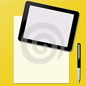 Tablet PC with paper sheet and pen Office desktop Computer Technology concept