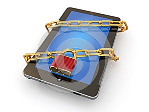Tablet pc security. Chain with lock on computer.