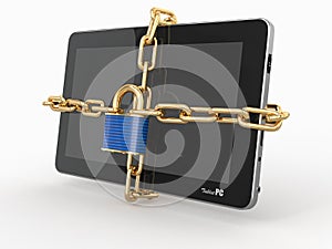 Tablet pc security. Chain with lock on computer.