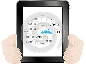 Tablet pc with SEO sign and tags on optimization