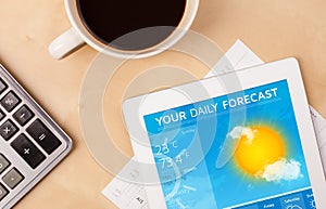 Tablet pc showing weather forecast on screen with a cup of coffee on a desk