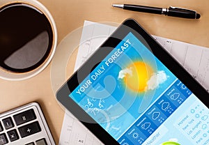 Tablet pc showing weather forecast on screen with a cup of coffee on a desk