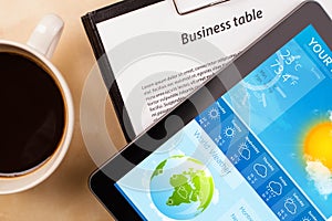 Tablet pc showing weather forecast on screen with a cup of coffee on a desk