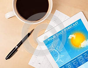 Tablet pc showing weather forecast on screen with a cup of coffee on a desk