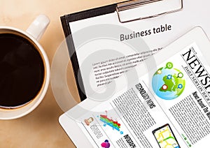 Tablet pc shows news on screen with a cup of coffee on a desk