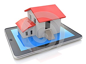 Tablet PC with simple house model on display - 3d illustration
