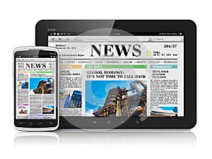 Tablet PC and smartphone with business news