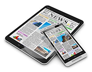 Tablet PC and smartphone with business news