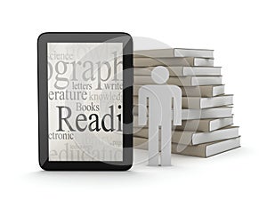 Tablet (personal computer), stack of books and human figure
