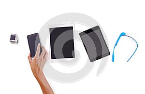 Tablet, phone and white background for hand, digital and marketing as connecting set for business. Smartphone, display