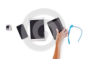 Tablet, phone and white background for tech, digital and marketing as screen set for business. Smartphone, display and
