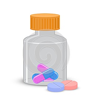 Tablet and pills in bottle, meds illustration