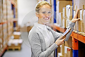 Tablet, portrait or happy woman in warehouse for shipping delivery, box shelf and stock in factory for storage. Printing