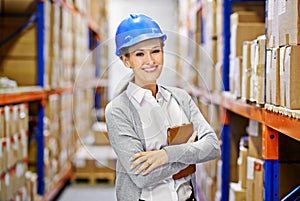 Tablet, portrait or woman in warehouse for storage, shipping delivery, product or stock in factory by shelf. Packaging