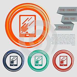 Tablet with the reflection of light icon on the red, blue, green, orange buttons for your website and design space text.