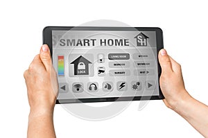 Tablet with remote smart home control system on white
