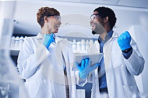 Tablet, scientist or success teamwork in lab for DNA research, innovation or medicine. Happy doctors, celebration or