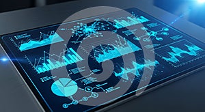 Tablet Screen with Blue Data Analysis Charts digital