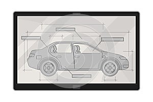 Tablet Screen with Car Design Draft as Auto Production Process Vector Illustration