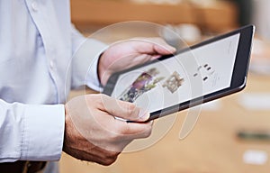 Tablet screen, man hands and online architect design on a software app for digital designer. Industrial, illustration
