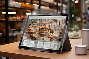 Tablet with Screen Showing Cake Recipes on wooden Table in Patisserie Shop