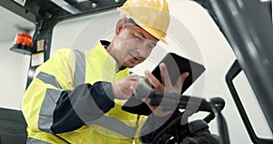 Tablet, search and forklift with man in warehouse for communication, social media and networking. Industrial