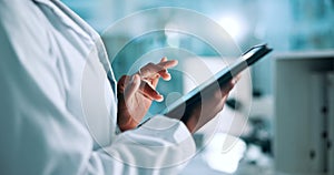 Tablet, search and hands of woman scientist in a lab for research, planning or pharma study closeup. Healthcare, science