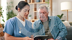 Tablet, senior man and caregiver for diagnosis, support and planning for healthcare at nursing home. Elderly person