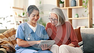 Tablet, senior woman and caregiver in nursing home, support and planning for healthcare. Elderly person, nurse and