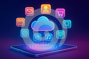 Tablet showing cloud computing with various app icons in a digital interface mobile technology