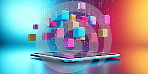 A tablet showing 3D learning modules hovering in the air, representing e-learning and interactive business training