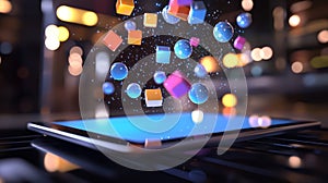 A tablet showing 3D learning modules hovering in the air, representing e-learning and interactive business training