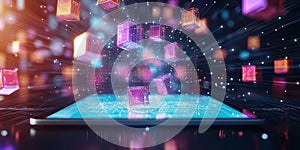 A tablet showing 3D learning modules hovering in the air, representing e-learning and interactive business training