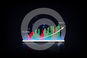 Tablet showing a growing virtual hologram of statistics, graph and chart with arrow up on dark background. Stock market. Business