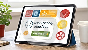 Tablet showing user friendly interface with icons and positive feedback photo