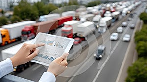 A tablet shows performance data while delivery vans are parked in a spacious warehouse, emphasizing logistics operations