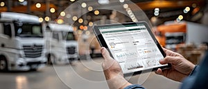 A tablet shows performance data while delivery vans are parked in a spacious warehouse, emphasizing logistics operations