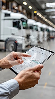 A tablet shows performance data while delivery vans are parked in a spacious warehouse, emphasizing logistics operations