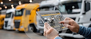 A tablet shows performance data while delivery vans are parked in a spacious warehouse, emphasizing logistics operations