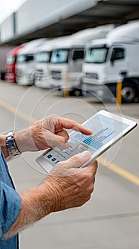 A tablet shows performance data while delivery vans are parked in a spacious warehouse, emphasizing logistics operations