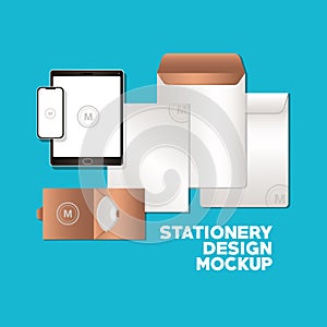 Tablet with smartphone and branding mockup set vector design