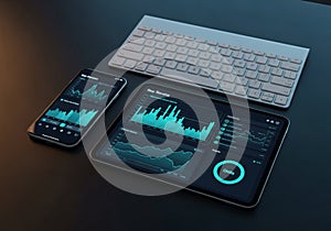 Tablet and smartphone displaying graphical data charts and