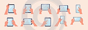 Tablet, smartphone in hands and touch empty screen. Mockup of multi touchscreens of mobile devices vector set